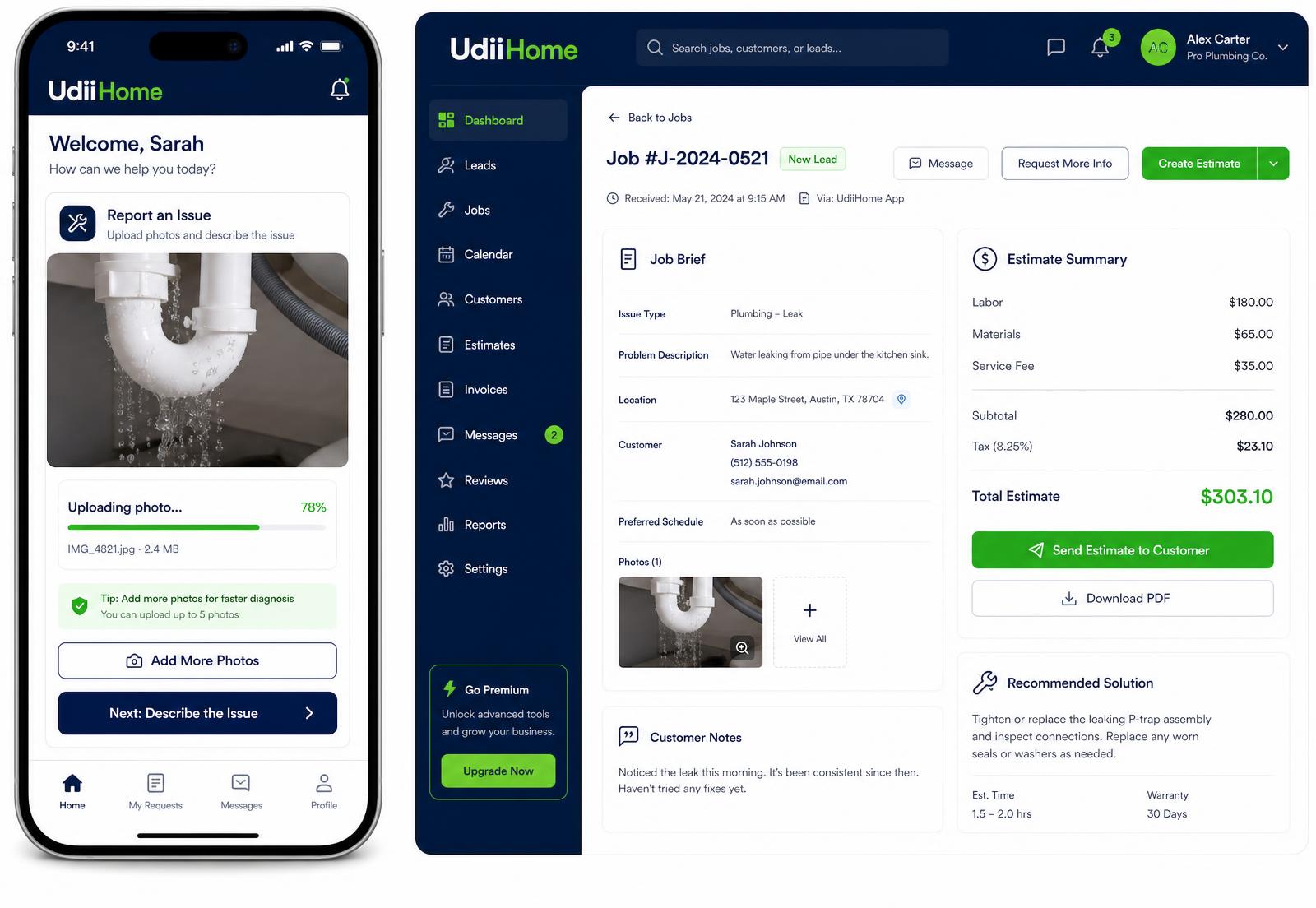 Split mockup: a phone with an uploaded photo of a plumbing issue on the left, a contractor CRM dashboard on the right